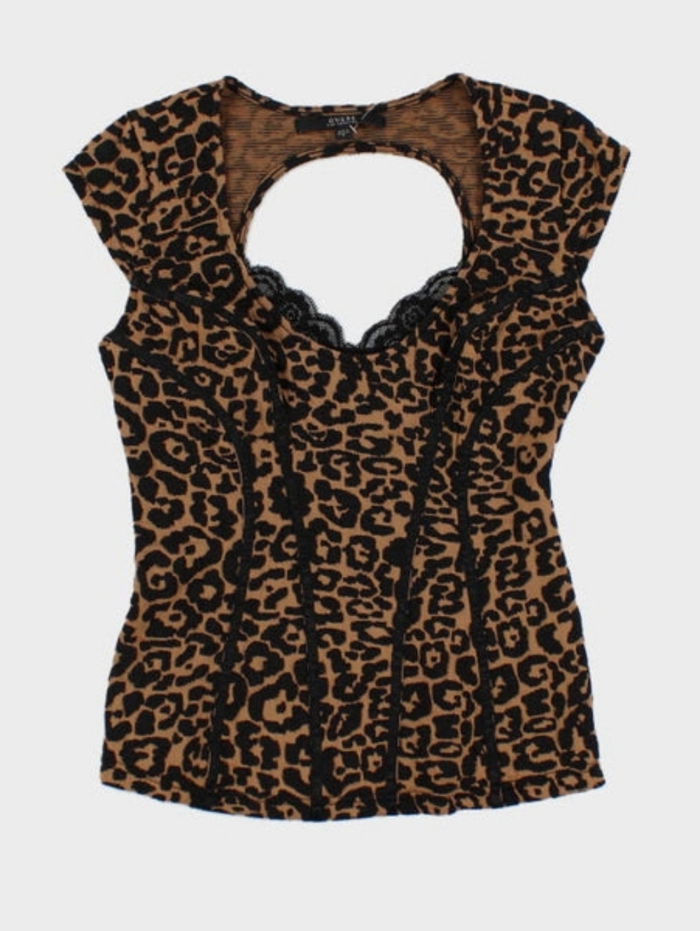 Guess Leopard Print Lace-Trim Cap Sleeve Top in Brown & Black